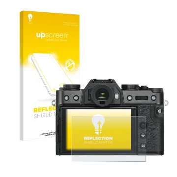 Face avant d’un emballage produit avec le logo de la marque upscreen. À côté, l’appareil Fujifilm X-T30 ll est représenté avec