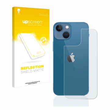Face avant d’un emballage produit avec le logo de la marque upscreen. À côté, l’appareil Apple iPhone 13 mini (Arrière) est re