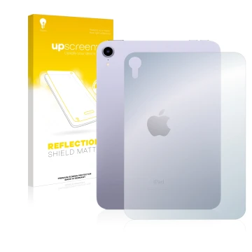 Face avant d’un emballage produit avec le logo de la marque upscreen. À côté, l’appareil Apple iPad Mini 6 2021 (6ème Gen., Ar