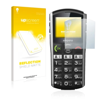 Face avant d’un emballage produit avec le logo de la marque upscreen. À côté, l’appareil Emporia Simplicity est représenté ave