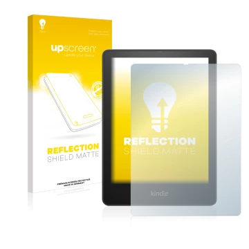 Face avant d’un emballage produit avec le logo de la marque upscreen. À côté, l’appareil Amazon Kindle Paperwhite 2021 Signatu
