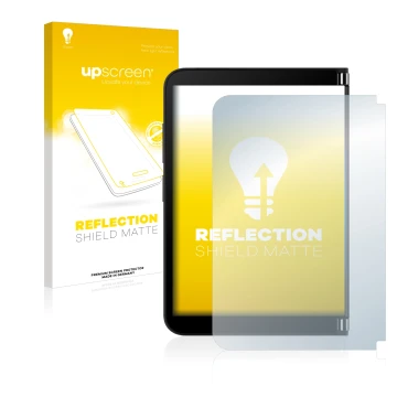 Face avant d’un emballage produit avec le logo de la marque upscreen. À côté, l’appareil Microsoft Surface Duo 2 (Affichage ex