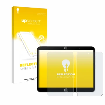 Face avant d’un emballage produit avec le logo de la marque upscreen. À côté, l’appareil Microsoft Surface Duo 2 (Affichage in