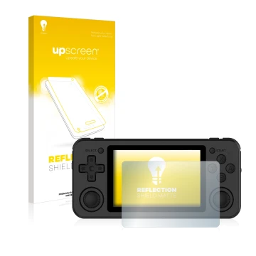 Face avant d’un emballage produit avec le logo de la marque upscreen. À côté, l’appareil Anbernic RG351P est représenté avec l