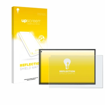 Face avant d’un emballage produit avec le logo de la marque upscreen. À côté, l’appareil Amazon Echo Show 15 est représenté av