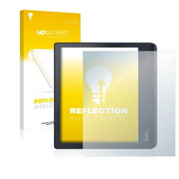 Face avant d’un emballage produit avec le logo de la marque upscreen. À côté, l’appareil Kobo Sage est représenté avec la prot
