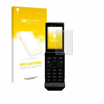 Face avant d’un emballage produit avec le logo de la marque upscreen. À côté, l’appareil Caterpillar Cat S22 Flip est représen