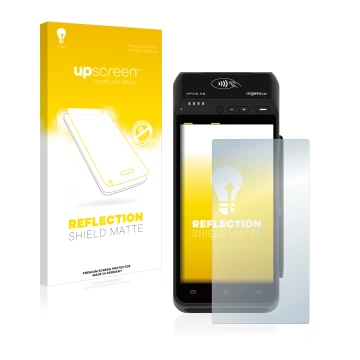 Face avant d’un emballage produit avec le logo de la marque upscreen. À côté, l’appareil ingenico Apos A8 est représenté avec 