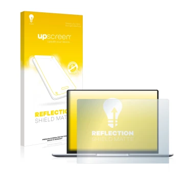 Face avant d’un emballage produit avec le logo de la marque upscreen. À côté, l’appareil Huawei MateBook 14 2021 est représent