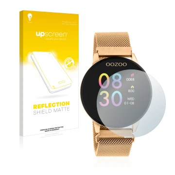 Face avant d’un emballage produit avec le logo de la marque upscreen. À côté, l’appareil Oozoo Q00117 est représenté avec la p