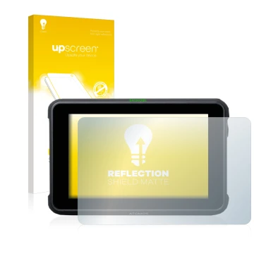 Face avant d’un emballage produit avec le logo de la marque upscreen. À côté, l’appareil Atomos Shinobi 7 est représenté avec 