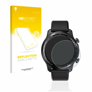 Face avant d’un emballage produit avec le logo de la marque upscreen. À côté, l’appareil Mobvoi Ticwatch Pro 3 Ultra GPS est r