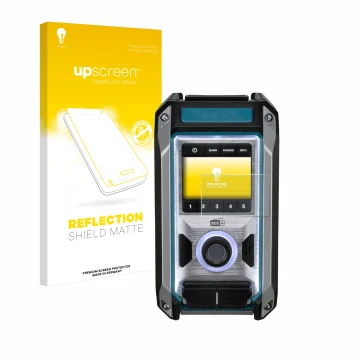 Face avant d’un emballage produit avec le logo de la marque upscreen. À côté, l’appareil Makita DMR115 est représenté avec la 