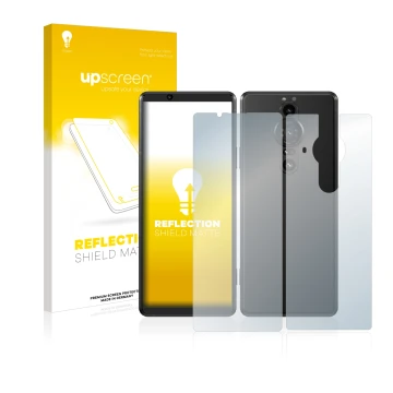 Face avant d’un emballage produit avec le logo de la marque upscreen. À côté, l’appareil Sony Xperia Pro-I (Avant+Arrière) est