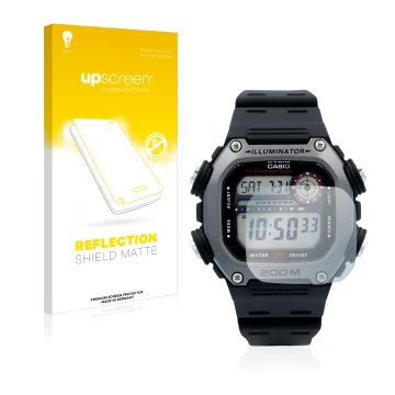 Face avant d’un emballage produit avec le logo de la marque upscreen. À côté, l’appareil Casio DW-291H est représenté avec la 