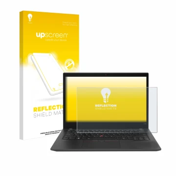 Face avant d’un emballage produit avec le logo de la marque upscreen. À côté, l’appareil Lenovo ThinkPad T14s Gen 2 est représ