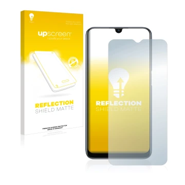 Face avant d’un emballage produit avec le logo de la marque upscreen. À côté, l’appareil Oppo A54s est représenté avec la prot