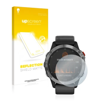 Face avant d’un emballage produit avec le logo de la marque upscreen. À côté, l’appareil Garmin Fenix 6 Solar est représenté a