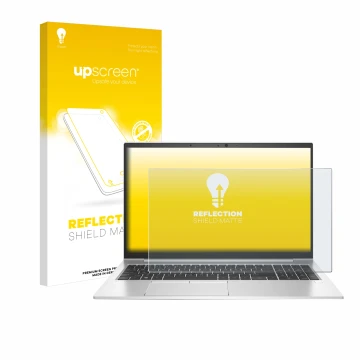 Face avant d’un emballage produit avec le logo de la marque upscreen. À côté, l’appareil HP EliteBook 850 G7 est représenté av