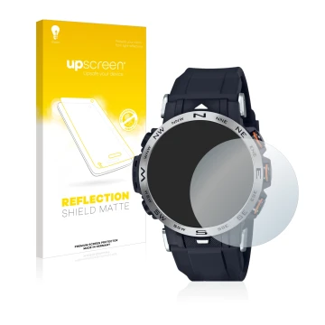 Face avant d’un emballage produit avec le logo de la marque upscreen. À côté, l’appareil Casio Pro Trek PRW-30-1AER est représ