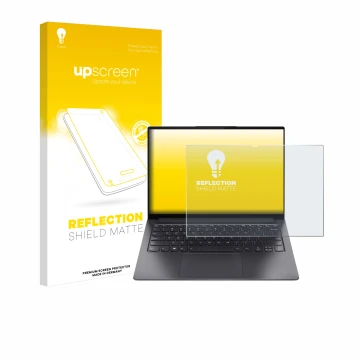 Face avant d’un emballage produit avec le logo de la marque upscreen. À côté, l’appareil Lenovo Yoga Slim 7 Pro 14