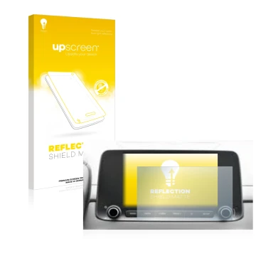 Face avant d’un emballage produit avec le logo de la marque upscreen. À côté, l’appareil Hyundai Kona 2021 Infotainment System