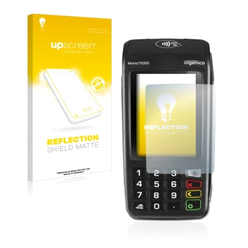 Face avant d’un emballage produit avec le logo de la marque upscreen. À côté, l’appareil ingenico Move 5000 est représenté ave