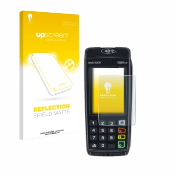 Face avant d’un emballage produit avec le logo de la marque upscreen. À côté, l’appareil ingenico Desk/5000 est représenté ave