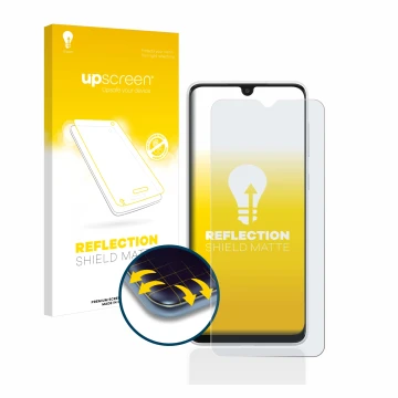 Face avant d’un emballage produit avec le logo de la marque upscreen. À côté, l’appareil Samsung Galaxy A03 est représenté ave