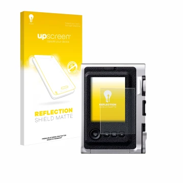 Face avant d’un emballage produit avec le logo de la marque upscreen. À côté, l’appareil Fujifilm Instax Mini Evo est représen