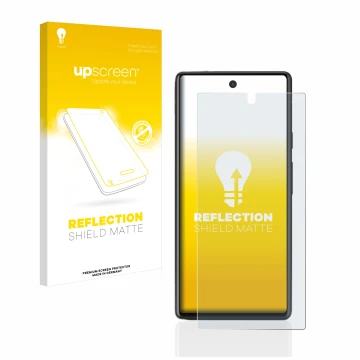 Face avant d’un emballage produit avec le logo de la marque upscreen. À côté, l’appareil Google Pixel 6a est représenté avec l