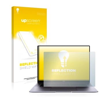 Face avant d’un emballage produit avec le logo de la marque upscreen. À côté, l’appareil Huawei MateBook 16 est représenté ave