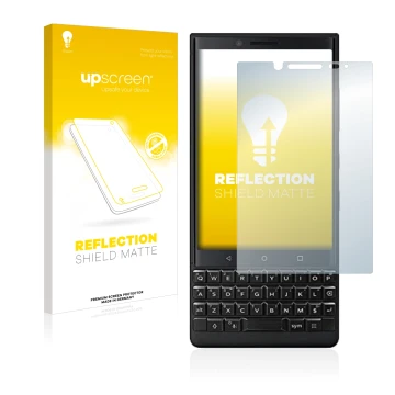 Face avant d’un emballage produit avec le logo de la marque upscreen. À côté, l’appareil BlackBerry Key2 (Dual Sim) est représ