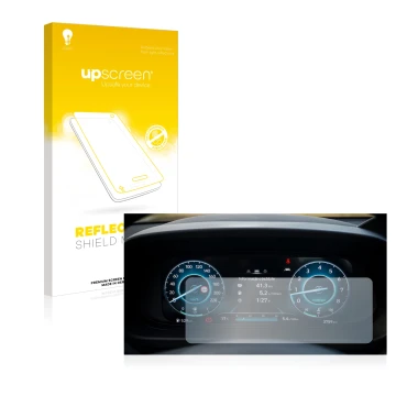 Face avant d’un emballage produit avec le logo de la marque upscreen. À côté, l’appareil Hyundai i20 BC3 2021 Cockpit est repr