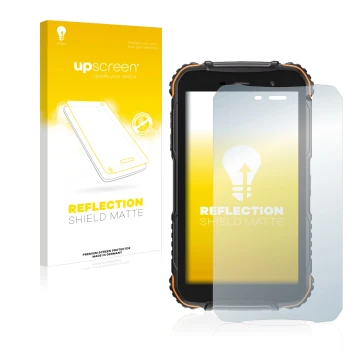 Face avant d’un emballage produit avec le logo de la marque upscreen. À côté, l’appareil Doogee S35T est représenté avec la pr
