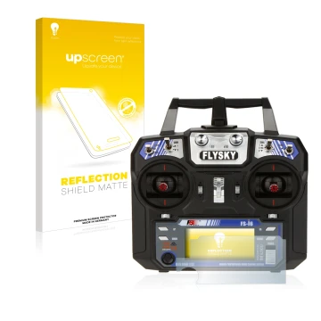 Face avant d’un emballage produit avec le logo de la marque upscreen. À côté, l’appareil FlySky FS-i6 est représenté avec la p