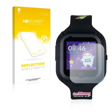 Face avant d’un emballage produit avec le logo de la marque upscreen. À côté, l’appareil SoyMomo Space 2.0 est représenté avec