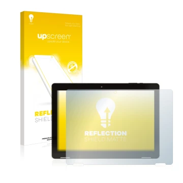 Face avant d’un emballage produit avec le logo de la marque upscreen. À côté, l’appareil Hannspree Pad Apollo 2 est représenté