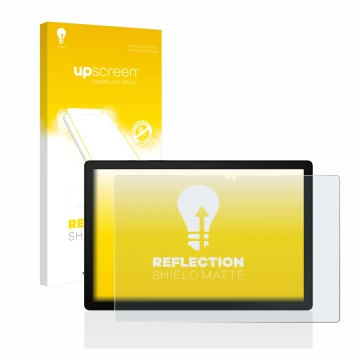 Face avant d’un emballage produit avec le logo de la marque upscreen. À côté, l’appareil Samsung Galaxy Tab A8 WiFi est représ