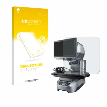 Face avant d’un emballage produit avec le logo de la marque upscreen. À côté, l’appareil Keyence IM-7020 Dessus en verre est r