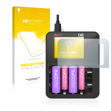 Face avant d’un emballage produit avec le logo de la marque upscreen. À côté, l’appareil ISDT C4 Evo est représenté avec la pr