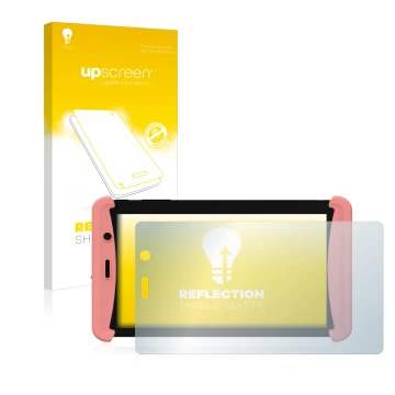 Face avant d’un emballage produit avec le logo de la marque upscreen. À côté, l’appareil Kurio Tab Lite 2 est représenté avec 