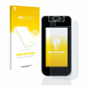 Face avant d’un emballage produit avec le logo de la marque upscreen. À côté, l’appareil Vtech Kidicom Advance 3.0 est représe