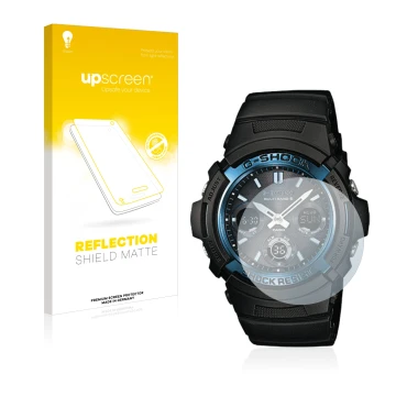 Face avant d’un emballage produit avec le logo de la marque upscreen. À côté, l’appareil Casio AWG M100 est représenté avec la