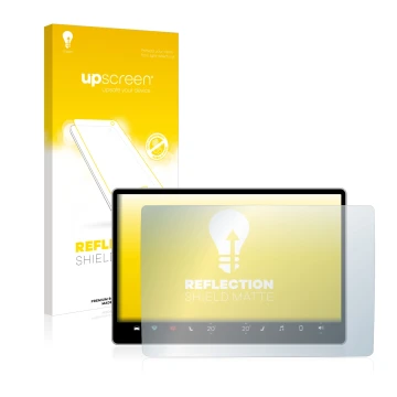 Face avant d’un emballage produit avec le logo de la marque upscreen. À côté, l’appareil Tesla Model Y Infotainment System 15.