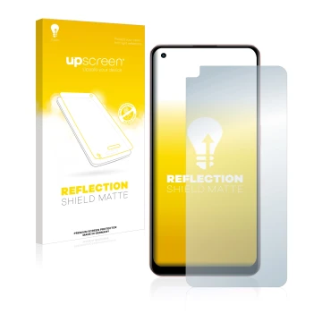 Face avant d’un emballage produit avec le logo de la marque upscreen. À côté, l’appareil Oppo A96 est représenté avec la prote