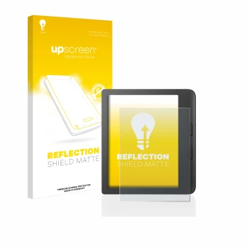 Face avant d’un emballage produit avec le logo de la marque upscreen. À côté, l’appareil Tolino Vision 6 est représenté avec l