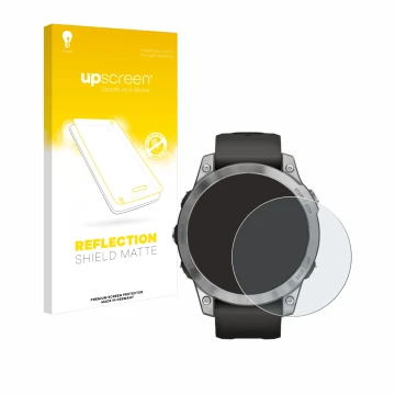 Face avant d’un emballage produit avec le logo de la marque upscreen. À côté, l’appareil Garmin Fenix 7 (47 mm) est représenté