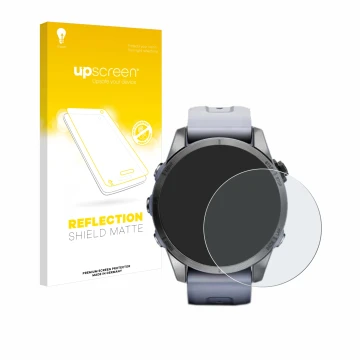 Face avant d’un emballage produit avec le logo de la marque upscreen. À côté, l’appareil Garmin Fenix 7S (42 mm) est représent