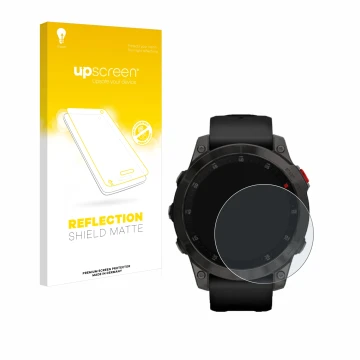 Face avant d’un emballage produit avec le logo de la marque upscreen. À côté, l’appareil Garmin epix (Gen. 2) est représenté a